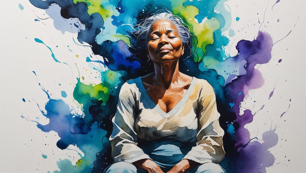 An older black woman meditates in a calm setting. She is wearing a gray long-sleeved, v-neck top and her hair is a mixture of white and black and cascades down her back. Her eyes are closed and her arms hang loosely in her lap.