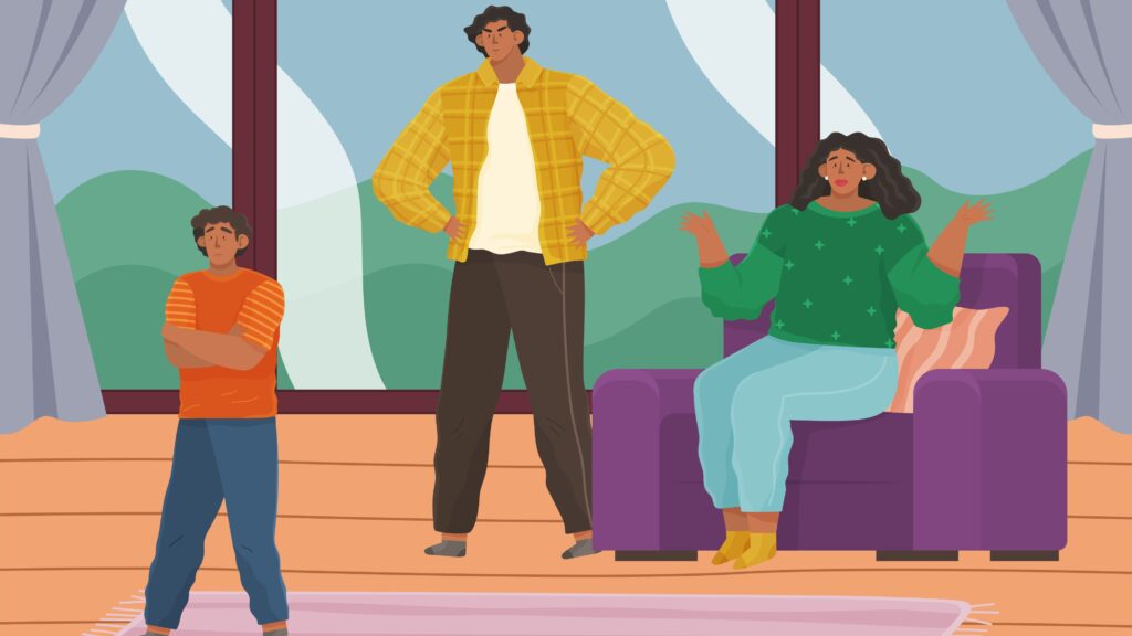 A child stands with his back to his parents during an argument. The mother is sitting on the couch throwing up her hands in exasperation, and the father has his hands on his hips.