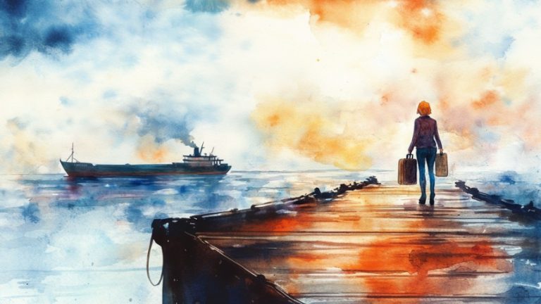 A woman stands on a dock, holding two suitcases. Her back is to the viewer, but she's gazing out at a large ship in the distance that has left without her.