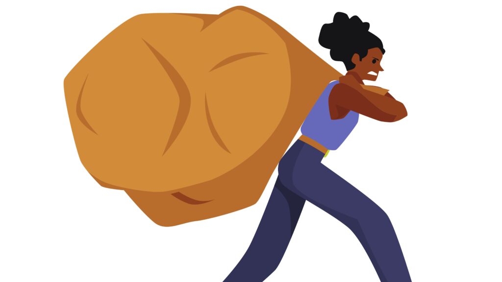 A young woman angrily carries a heavy sack on her back.