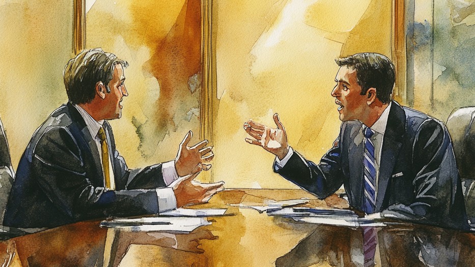 Two men in business suits sit at a long conference table, gesturing forcefully with their hands as they negotiate with each other.