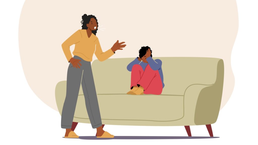 An illustration of a woman trying to talk persuasively to a child sitting on a couch. The woman is gesturing with her arm while the boy sits with his hands over his ears. The woman is Black and has long black hair that's partially pulled back in a bun. She's wearing a yellow long-sleeve shirt and gray pants. The boy is a also Black and is wearing a long-sleeved purple shirt and red pants.
